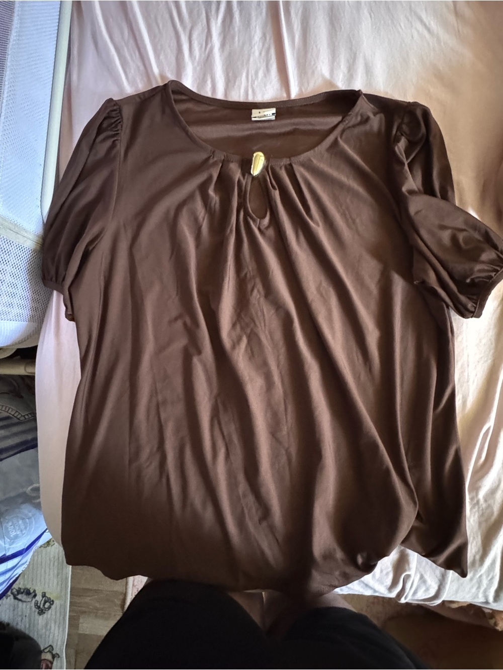 Wrapper Brown Keyhole Puff-Sleeve Blouse